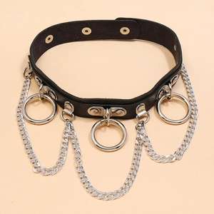 Collier choker punk gothique en cuir PU noir avec anneaux et chaînes en métal