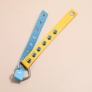 Punk yellow and blue leather choker featuring sharp metal spikes and heart metal buckle