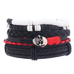 Bohemian Leather Bracelet Set For Men Women Punk Skull Charm Braided Wax Cord Multilayer Wrap Wristband Retro Handwoven Jewelry
