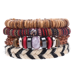 Bohemian Multilayer Woven Bracelet PU Leather Wood Ceramic Bead Adjustable Vintage Ethnic Wristband For Women Men Fashion Jewelry
