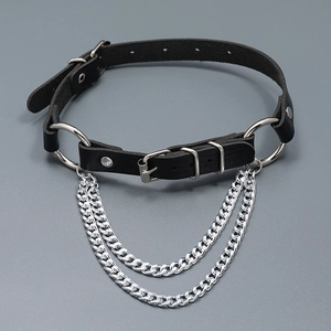 Punk black PU leather choker with silver rings and layered metal chains for women