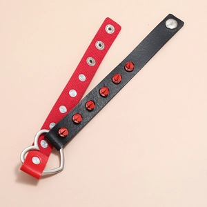 Punk red and black leather choker with heart ring, metal eyelets and silver cone studs