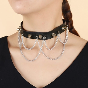 Punk Rock Gothic Black PU Leather Choker Necklace For Women Silver Rivets Spikes Multi Layer Metal Chain Fashion Jewelry