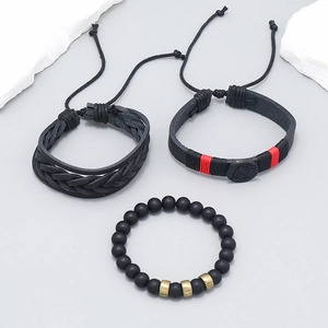 Three-piece men's leather bracelet set with eagle metal buckle and black matte beads