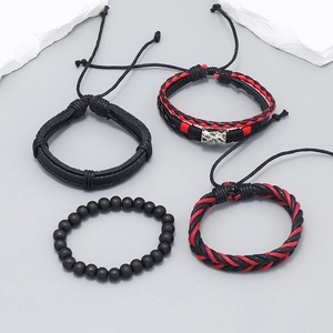 Set of 4 handmade bohemian multilayer leather and beaded bracelets in black and red style