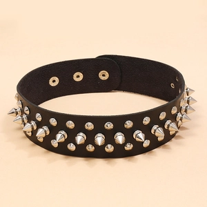 Punk rock black leather choker featuring double rows of silver metal spike rivets