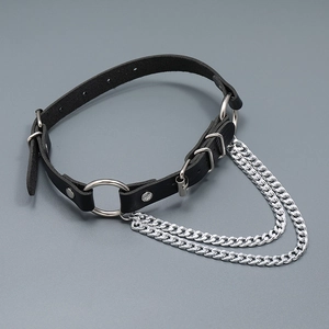 Punk black leather choker necklace with silver rings and layered decorative metal chains