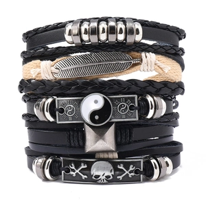 Men Vintage Multi-Layer Leather Bracelet Handmade Woven Feather Skull Tai Chi Punk Charms For Men Women Retro Jewelry Gift