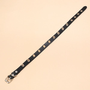 Punk style black leather choker featuring silver metal spikes and adjustable buckle