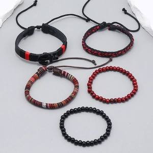5-piece bohemian leather bracelet set with anchor charm and vintage wooden beads