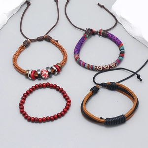 Bohemian style 4-piece handmade braided bracelet set with leather beads and woven cords