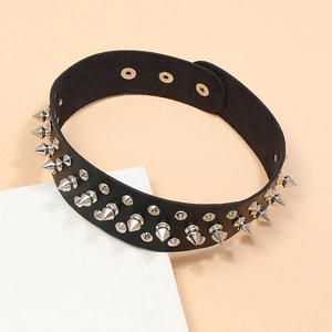 Punk rock black leather choker featuring three rows of silver cone spikes and studs