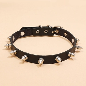 Punk black leather choker necklace featuring silver metal spikes and adjustable buckle