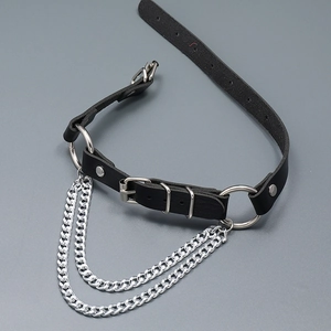 Punk style black leather choker necklace with silver double curb chains and O-rings