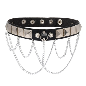 Punk leather choker necklace with silver studs, spikes and multi-layer metal chains