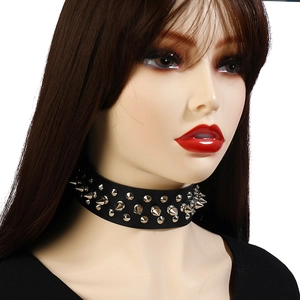 Close-up of black PU leather punk choker featuring double rows of silver metal spikes