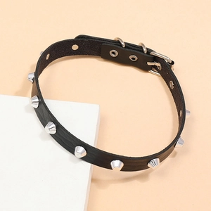 Punk style black leather choker featuring silver cone rivets and adjustable metal buckle
