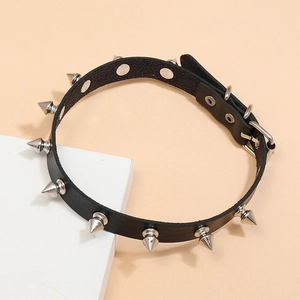 Black leather punk choker with silver metal spikes and adjustable buckle closure