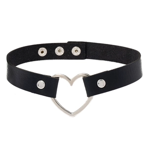 Punk leather choker with large silver heart buckle and adjustable metal snap fasteners