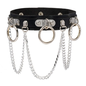 Collier punk Harajuku en cuir PU avec cinq anneaux en métal argenté et chaînettes