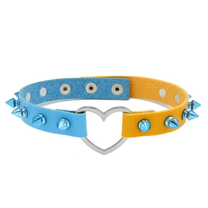 Punk leather choker in yellow and blue with heart ring and blue conical studs