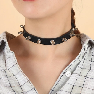 Punk Black Leather Choker Necklace With Silver Metal Cone Spikes Adjustable Goth Rock Style Fashion Accessory For Women
