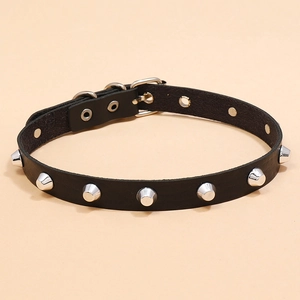Punk style black leather choker necklace with silver metal rivets and buckle for women
