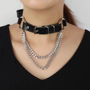 Punk Gothic Black Synthetic Leather Choker Necklace With Layered Aluminum Chain Metal Ring Adjustable Clavicle Chain Jewelry