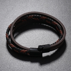 Braided multi-layer leather bracelet with black magnetic clasp in vintage brown style