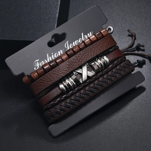 Vintage multilayer woven leather bracelet set with wooden beads and metal accents