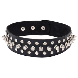 Punk rock black leather choker featuring three rows of silver spikes and metal rivets