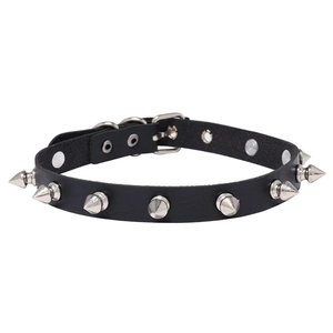 Punk black leather choker with silver cone studs and adjustable buckle for women