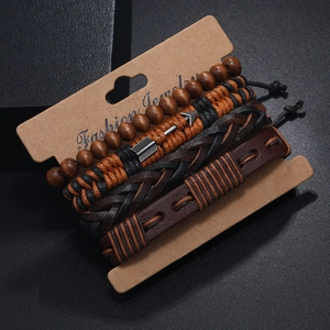 Four-piece men's vintage leather bracelet set with brown beads and metal arrow charm