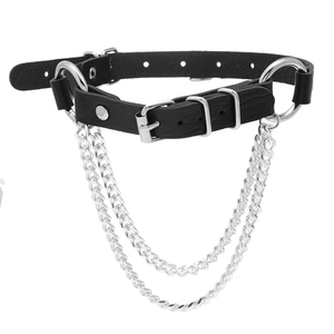 Punk style black leather choker with silver D-rings and layered metal hanging chains