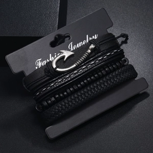 Men's multi-layer black leather bracelet set with woven ropes and metal fishhook pendant