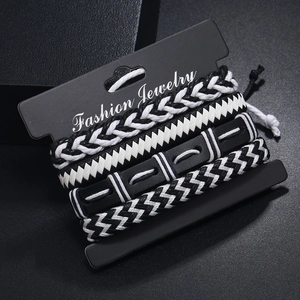 Punk style multi-layer leather bracelet set with four unique woven strands in black and white