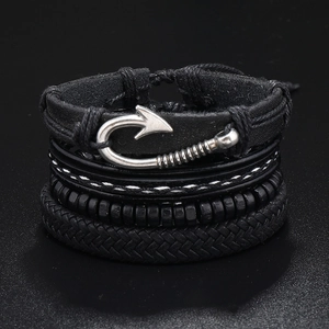 Men's multi-layer leather bracelet set with silver fish hook charm and wood beads