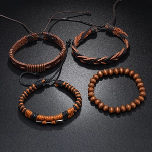 Men's 4-piece vintage layered leather bracelet set with woven ropes and wooden beads
