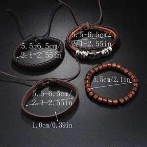 Detail view of four-piece vintage braided leather bracelets and wooden bead set
