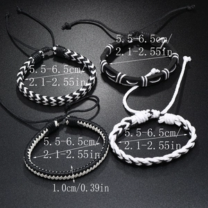 Detail view of four-piece woven bracelet set with adjustable drawstring and checkered patterns