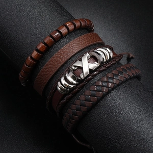 Vintage multilayer leather bracelet set for men with brown wooden beads and braided ropes