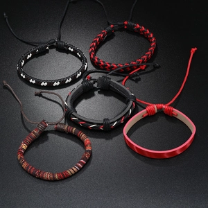 Five-piece handmade bohemian woven leather bracelets set for surfing and friendship
