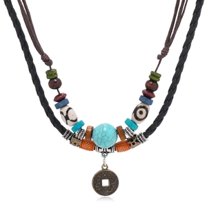 Vintage Ethnic Multi Layered Synthetic Leather Cord Necklace For Unisex Handmade Wood Artificial Turquoise Beads Ancient Coin Pendant Adjustable Boho Jewelry