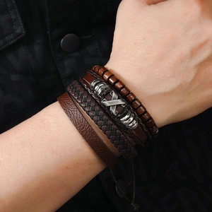 Retro multi-layer leather bracelet set with braided rope and wooden beads for men