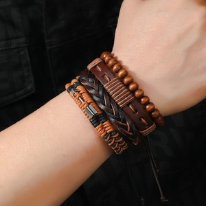 Men's multilayer braided leather bracelet set with wooden beads and metal arrow charm