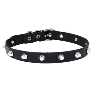 Black leather punk choker necklace featuring silver metal cone studs and buckle closure