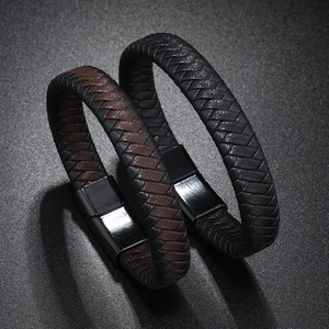 Retro woven multilayer leather bracelet for men with magnetic metal clasp closure