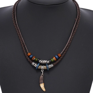 Men's retro ethnic leather necklace with multilayer beads and faux animal tooth pendant