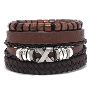 Retro Synthetic Leather Multi-Layer Braided Bracelet Set For Men Women Unisex Alloy Wood Beads Wax Cord Wrap Handmade Jewelry