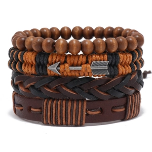 Men's Vintage Multilayer Faux Leather Bracelet Set Hand-Woven Wax Cord Arrow Alloy Charm Wooden Bead Bohemian Style Bracelets